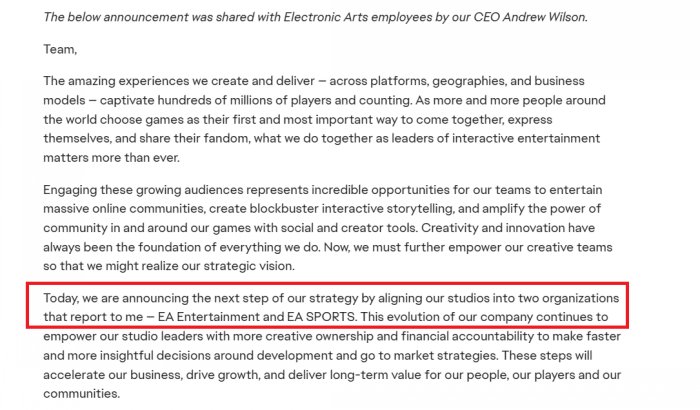 EA将面临重组 分为EA Entertainment 和 EA SPORTS两家公司