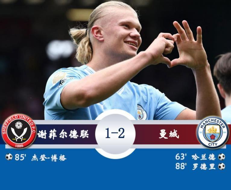 曼城2-1谢菲联3连胜登顶 哈兰德失点+破门罗德里绝杀 