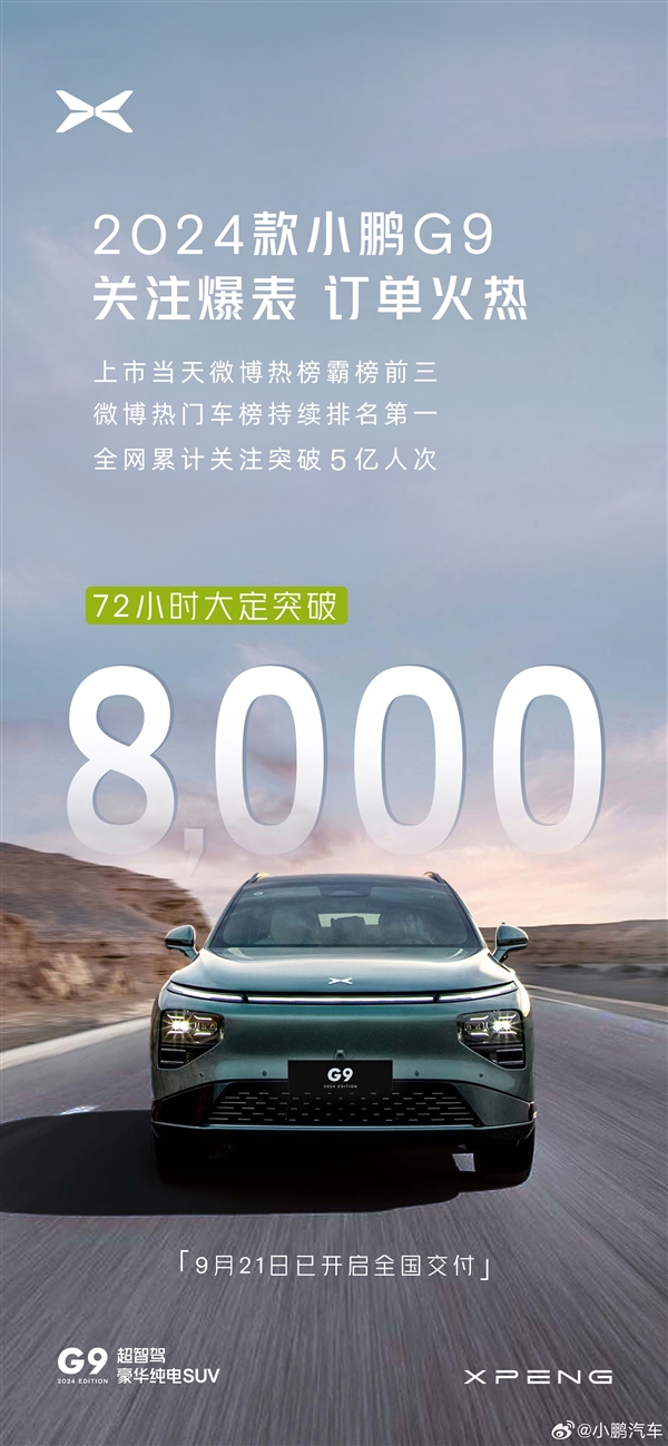 小鹏G9新款震撼登场，72小时内销售破8000辆