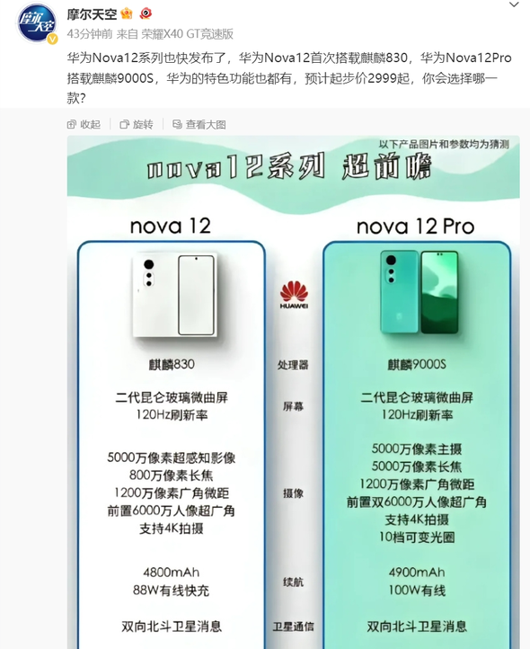 华为nova 12标准版：120Hz屏幕+强大摄影配置