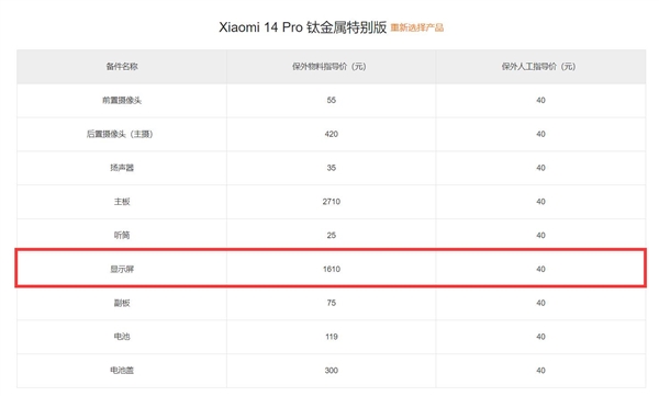 小米14 Pro维修价格曝光：主板和显示屏成高额支出