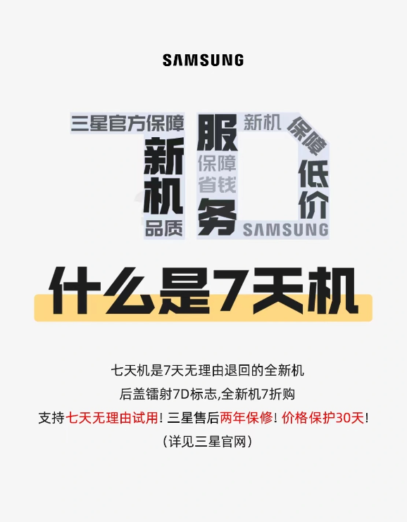 三星非全新机购买服务升级：7天机免费试用、2年保修+30天保价
