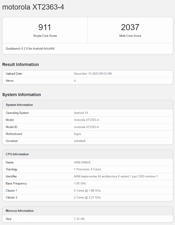 摩托罗拉新机“XT2363-4”曝光：GeekBench跑分大揭秘